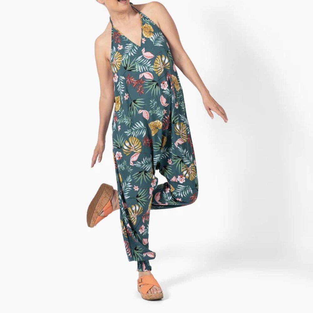 Flower Harem Jumpsuit Cotton Halter Neck Tapered Leg Pockets Blue Bombshell